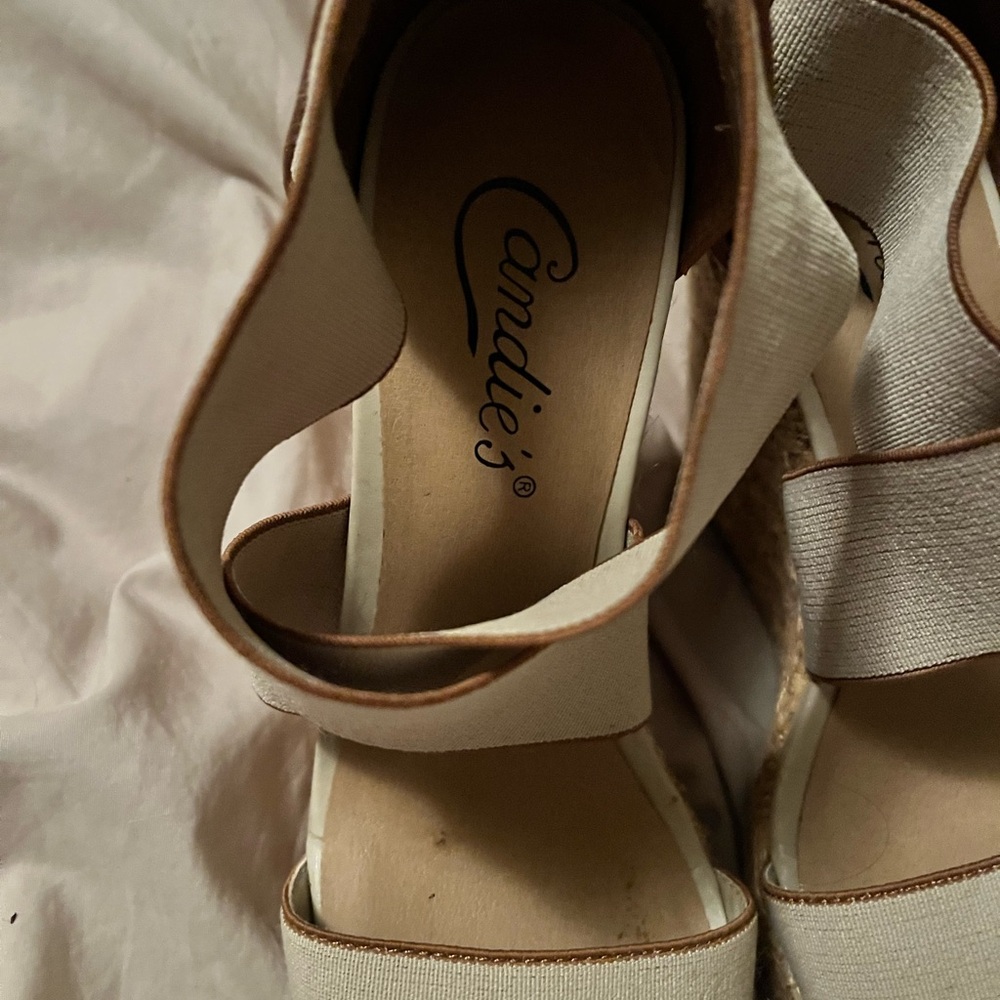 Candie’s Cream and Brown Wedge Sandals - Picture 5 of 7